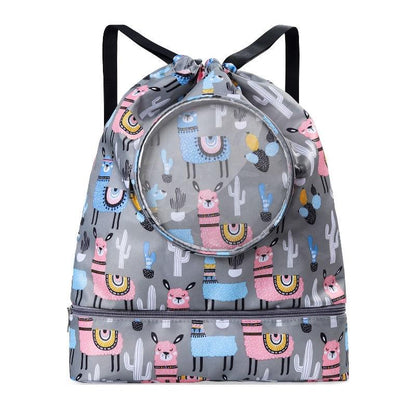 Blue Waterproof Drawstring Beach Bag L Size For Kids Wet & Dry Separation Shoulder Strap - Grey L