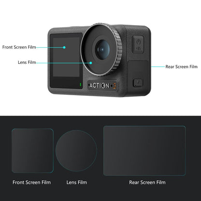 Tempered Glass Film Set for Dji Action 3 - 3-in-1 Protection for Front and Back Screens and Lenses
