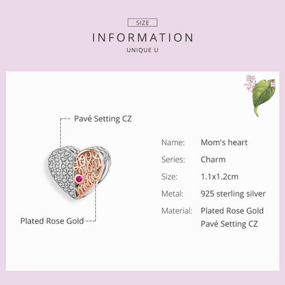925 Sterling Silver Mother'S Heart Bead Pendant For Diy Bracelets And Necklaces