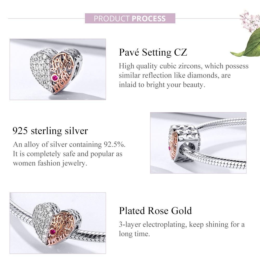 925 Sterling Silver Mother'S Heart Bead Pendant For Diy Bracelets And Necklaces