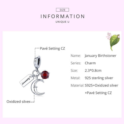 925 Sterling Silver January Birthstone Moon Pendant For Diy Bracelets & Necklaces