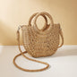 Beige Half Moon Straw Tote Woven Beach Bag - Camel