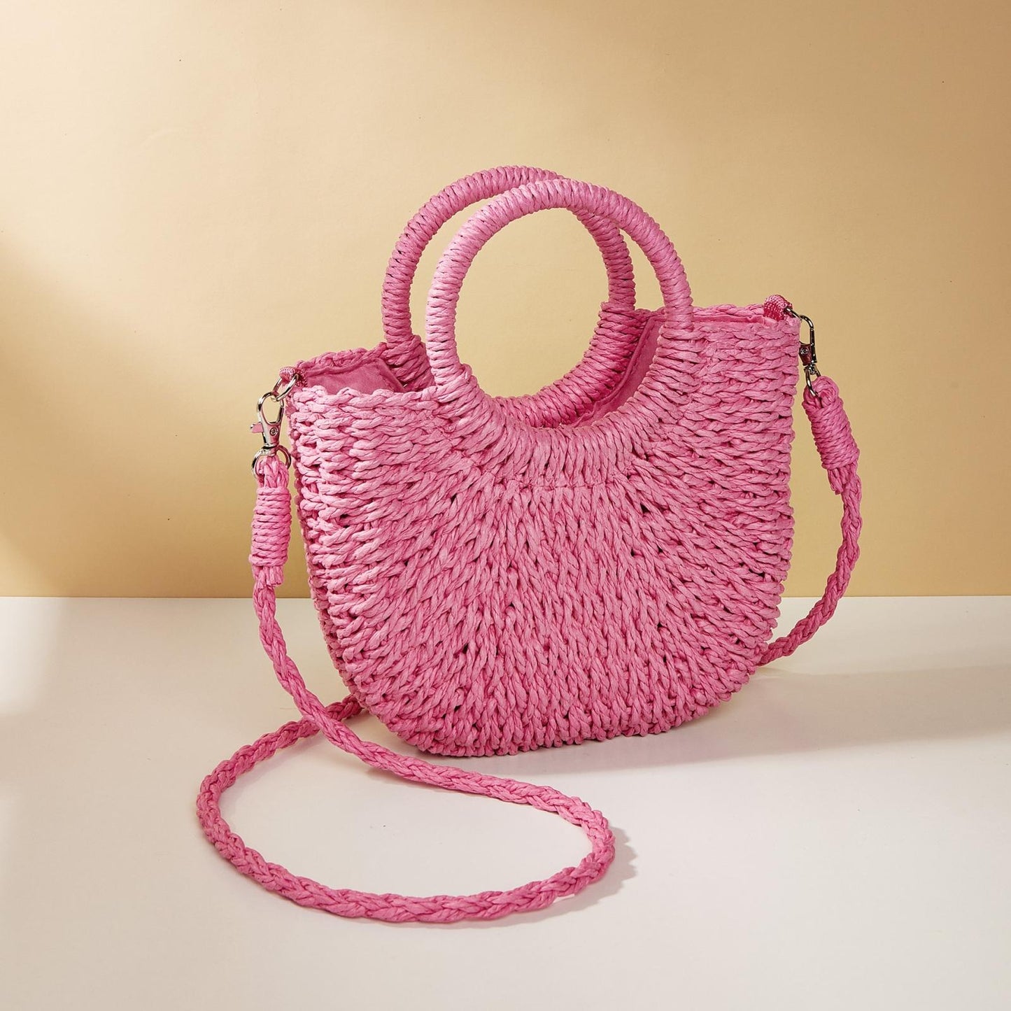 Beige Half Moon Straw Tote Woven Beach Bag - Camel
