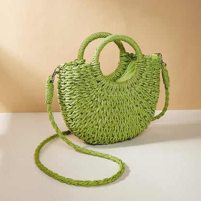 Beige Half Moon Straw Tote Woven Beach Bag - Camel