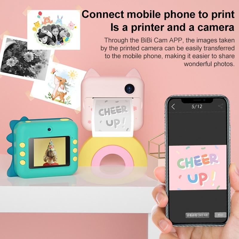 Instant Camera for Kids with Dual-lens Mini Print Green Dinosaur Design - Green Dinosaur No Card