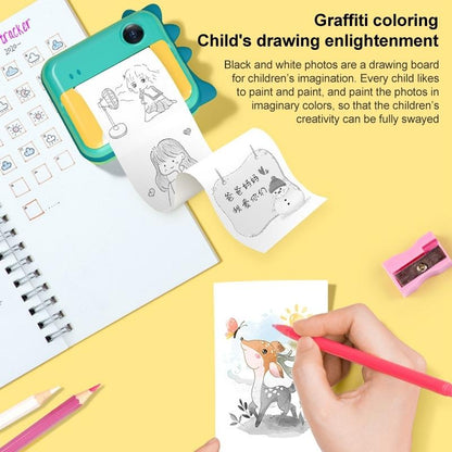 Instant Camera for Kids with Dual-lens Mini Print Green Dinosaur Design - Green Dinosaur No Card
