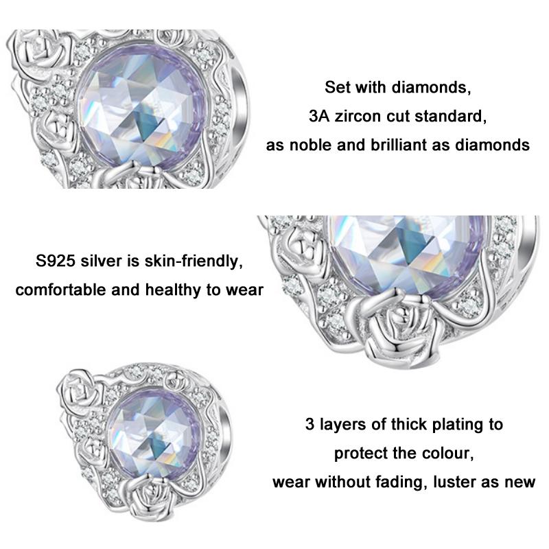 925 Sterling Silver Moon Rose Zirconia Beaded Bracelet