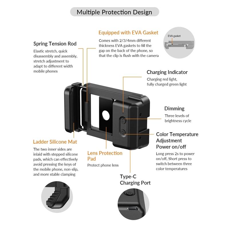 Universal Phone Clip with Multifunctional Fill Light - 1 / 4 & M17 M37 Thread Interface
