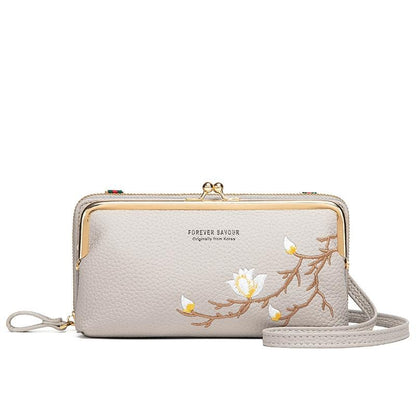 Black Embroidered Crossbody Wallet With Large Capacity - Wine Red