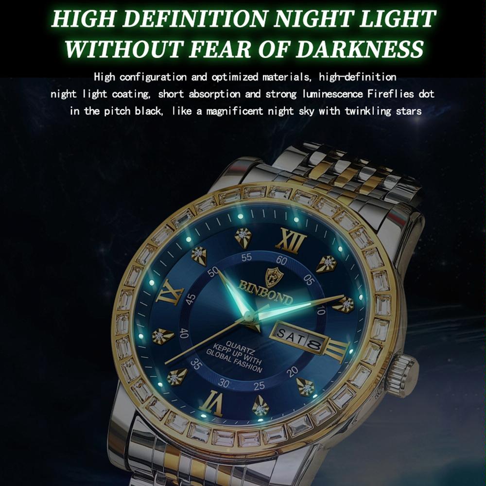Diamond Dual-calendar Luminous Quartz Watch - B2202 - Inter-Gold-Blue
