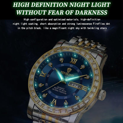 Diamond Dual-calendar Luminous Quartz Watch - B2202 - Inter-Gold-Blue