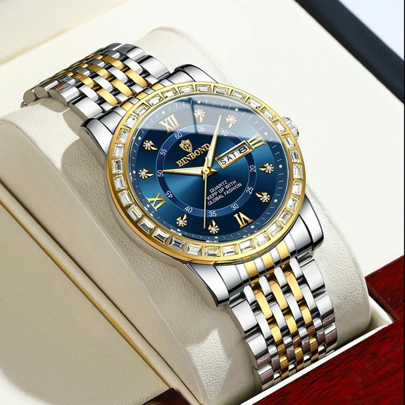 Diamond Dual-calendar Luminous Quartz Watch - B2202 - Inter-Gold-Blue