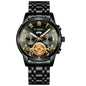Men Multi-Function Quartz Watch - Black Steel With Gold Accents