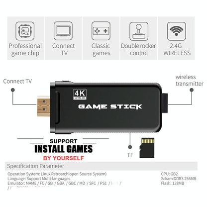 64Gb 4K Retro Game Stick + 2 Wireless Gamepads & 10 000+ Pre-Installed Games