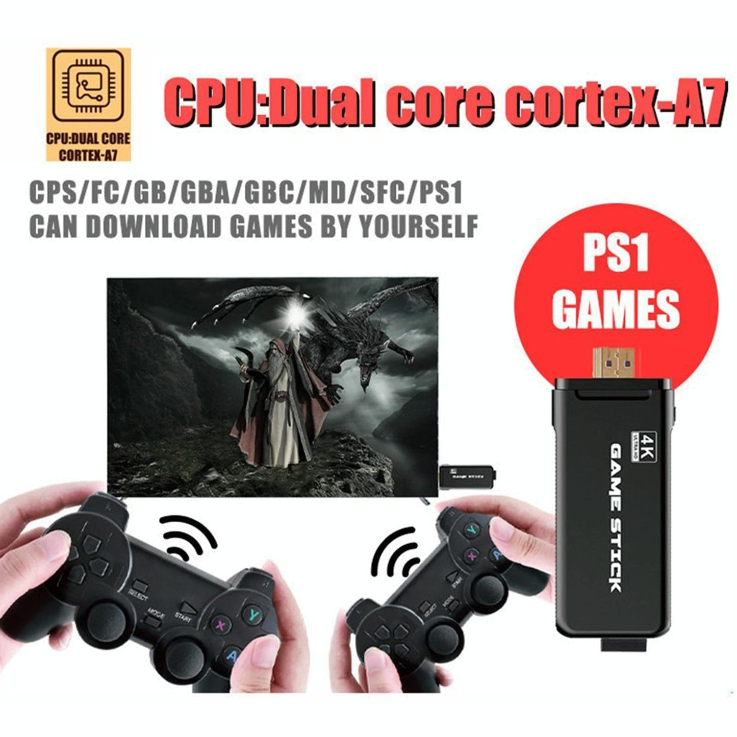 64Gb 4K Retro Game Stick + 2 Wireless Gamepads & 10 000+ Pre-Installed Games
