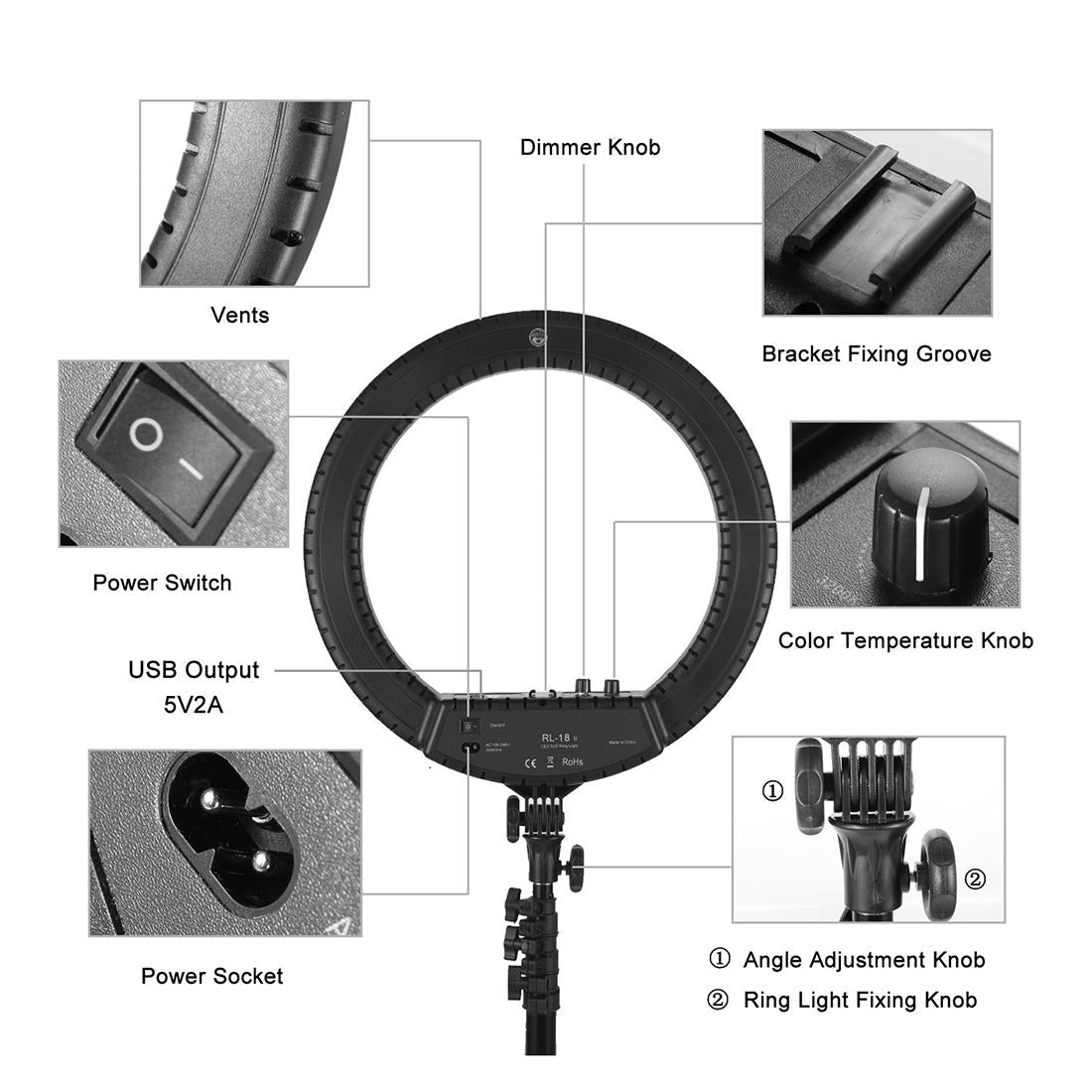 18 Two-colour Dimmable Ring Fill Light with Tripod 55w 100-240v