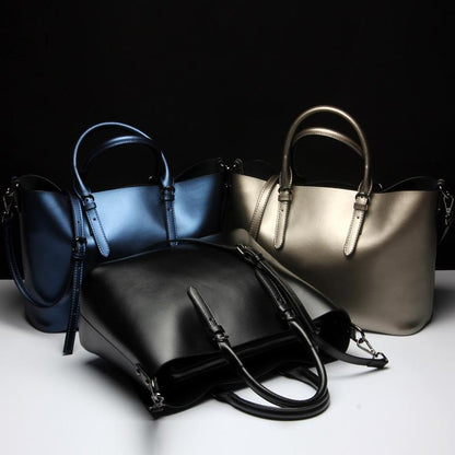 Blue Cowhide Messenger Tote For Women Large Capacity