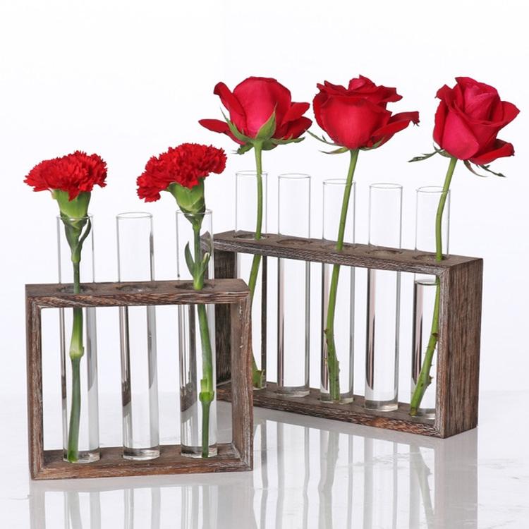 Minimalist Hydroponic Glass Vase With Wooden Frame For Coffee Shop Decor