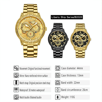 Dragon Embossed Luminous Waterproof Watch - Quartz - Full-Gold Black