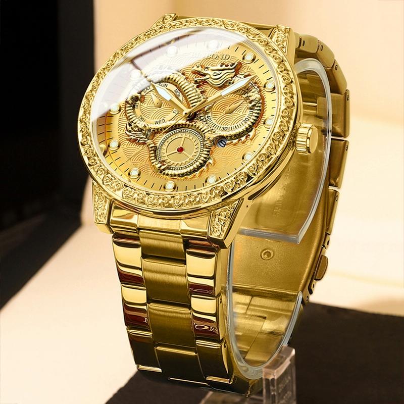 Dragon Embossed Luminous Waterproof Watch - Quartz - Full-Gold Black