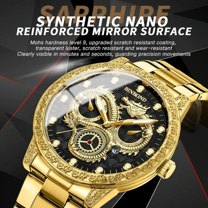 Dragon Embossed Luminous Waterproof Watch - Quartz - Full-Gold Black