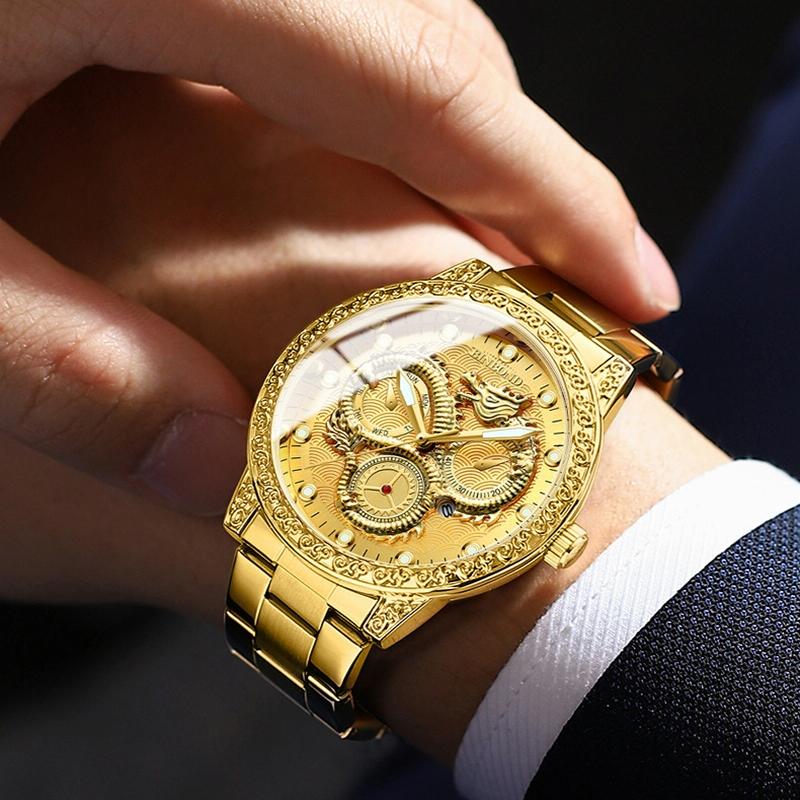 Dragon Embossed Luminous Waterproof Watch - Quartz - Full-Gold Black