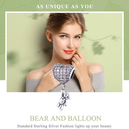 925 Sterling Silver Bear Balloon Bracelet With Zirconium Diamond Beads Style - Bead + Chain