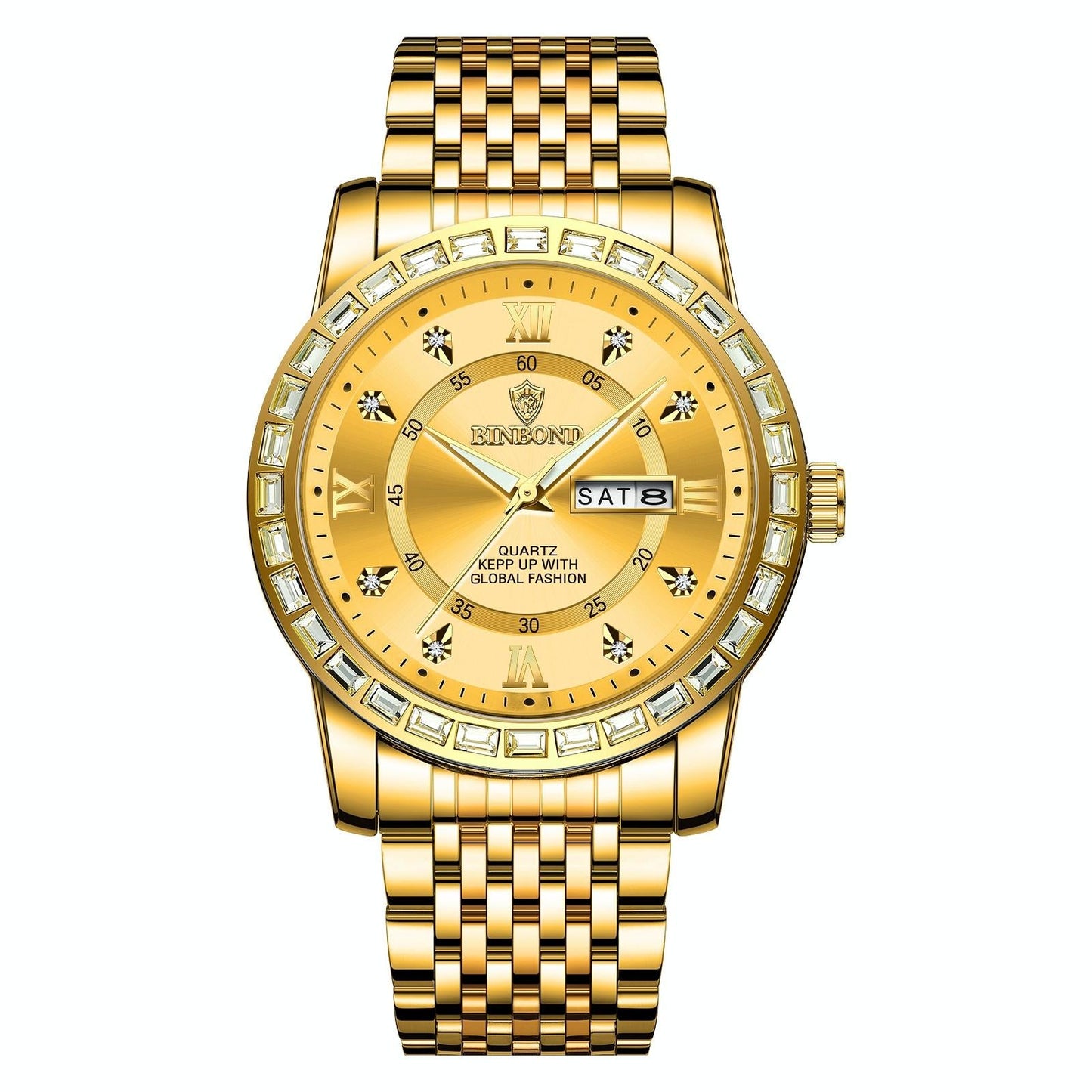 Diamond Dual-calendar Luminous Quartz Watch - B2202 - Inter-Gold-Green