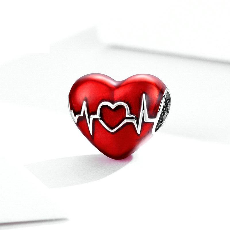 925 Sterling Silver Love Heartbeat Red Heart Pendant For Diy Bracelets & Necklaces
