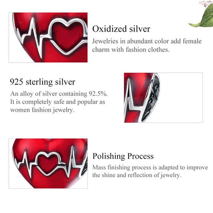 925 Sterling Silver Love Heartbeat Red Heart Pendant For Diy Bracelets & Necklaces