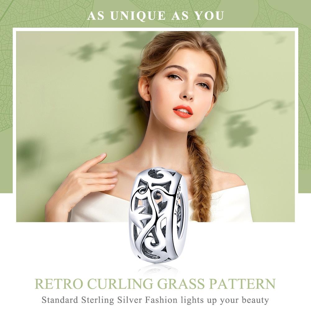 925 Sterling Silver Vintage Heart Beads With Curly Grass Pattern
