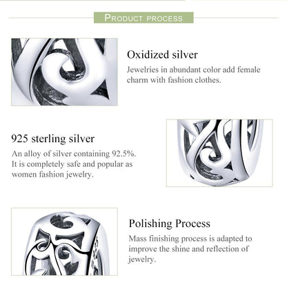 925 Sterling Silver Vintage Heart Beads With Curly Grass Pattern