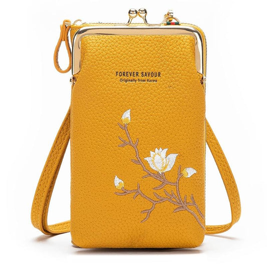 Black Embroidered Single Shoulder Phone Bag Wallet - Yellow