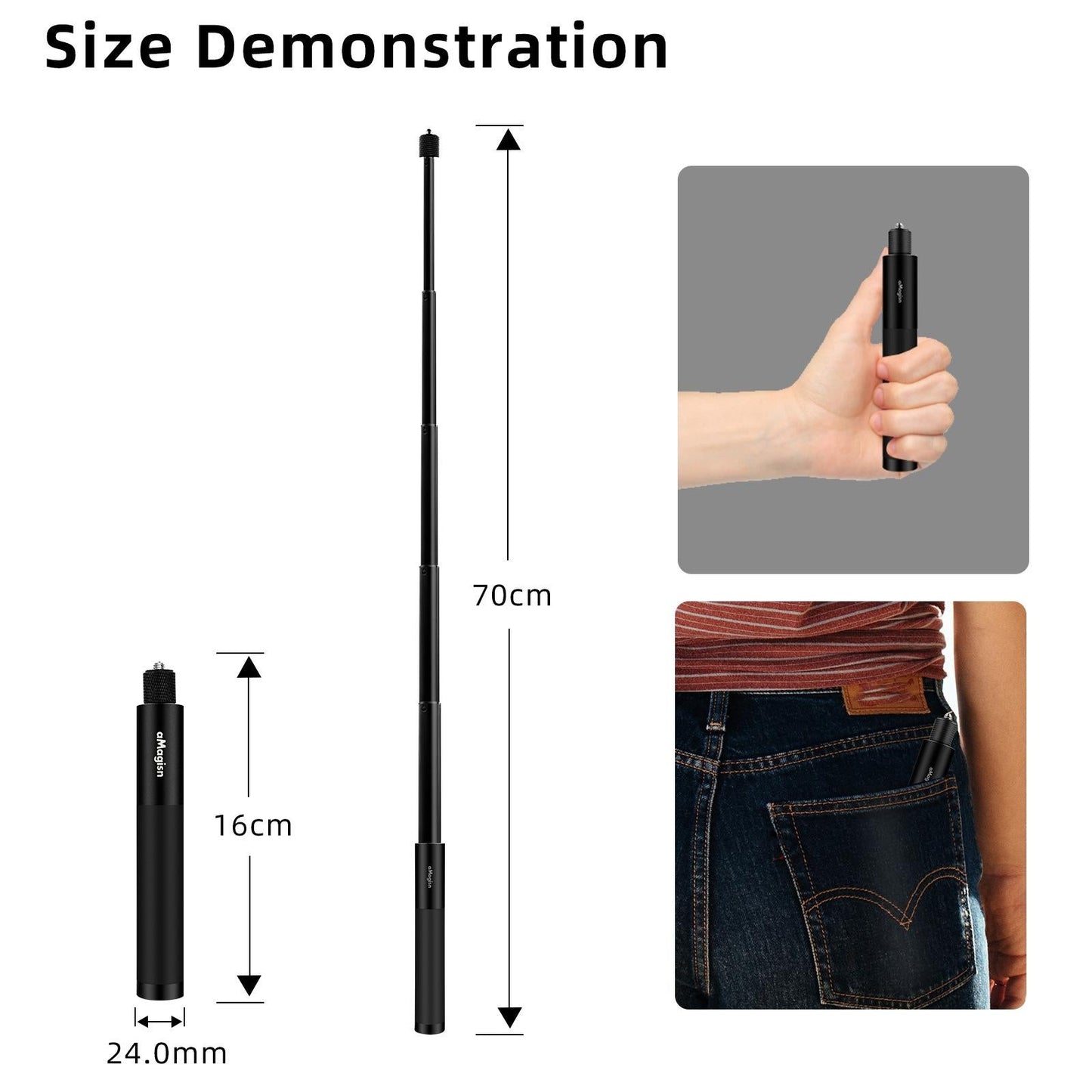 70cm Straight Pull Selfie Stick for Sports Cameras with 3 Jaw Screw - Rod+1/4 Turn 3 Jaw+Screw+Phone Clip