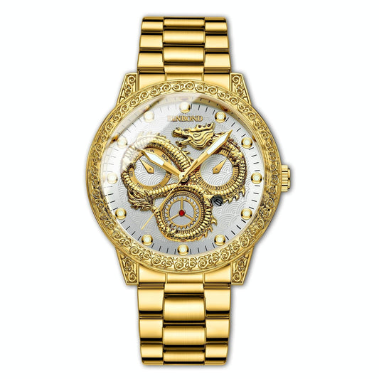 Dragon Embossed Luminous Waterproof Watch - Quartz - Full-Gold White