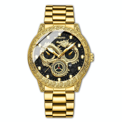 Dragon Embossed Luminous Waterproof Watch - Quartz - Full-Gold White