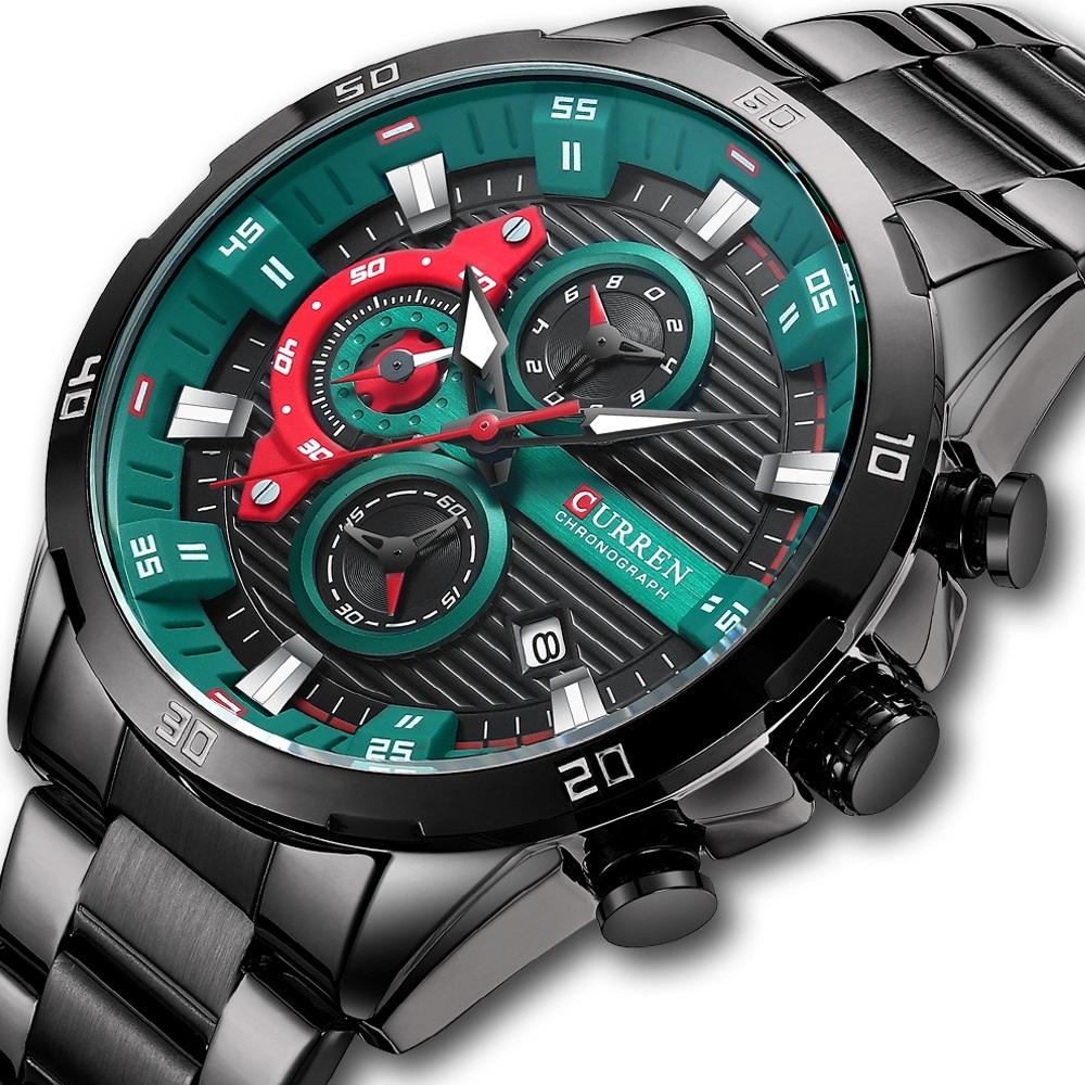 Six-hand Business Quartz Watch with Steel Strap - Calendar - Black Shell Green