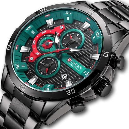 Six-hand Business Quartz Watch with Steel Strap - Calendar - Black Shell Green