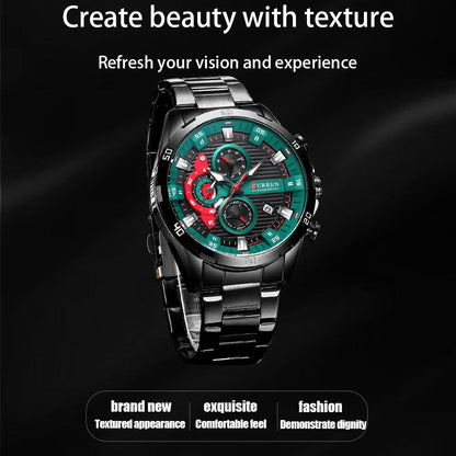 Six-hand Business Quartz Watch with Steel Strap - Calendar - Black Shell Green