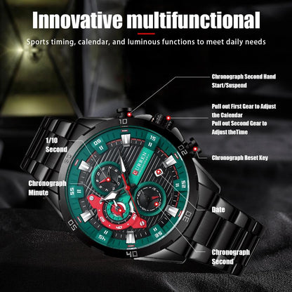 Six-hand Business Quartz Watch with Steel Strap - Calendar - Black Shell Green