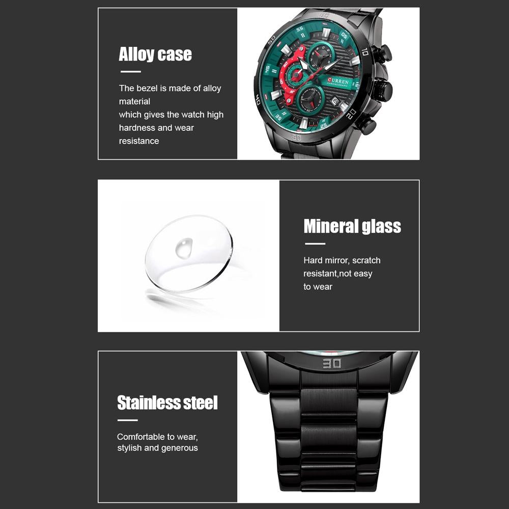 Six-hand Business Quartz Watch with Steel Strap - Calendar - Black Shell Green