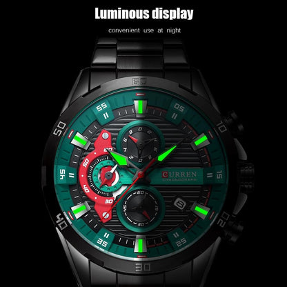 Six-hand Business Quartz Watch with Steel Strap - Calendar - Black Shell Green