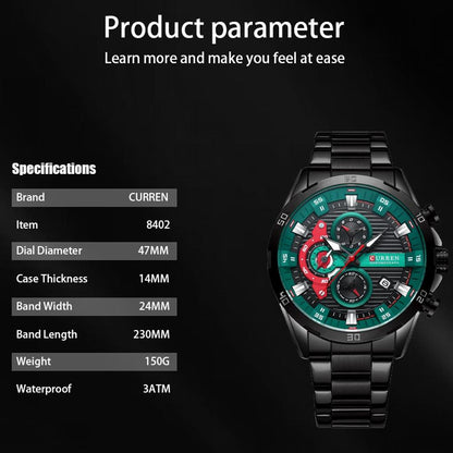 Six-hand Business Quartz Watch with Steel Strap - Calendar - Black Shell Green