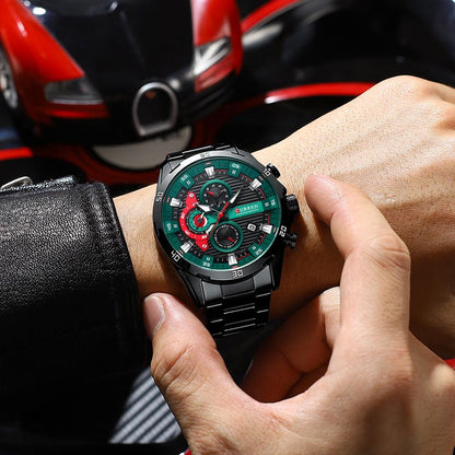 Six-hand Business Quartz Watch with Steel Strap - Calendar - Black Shell Green