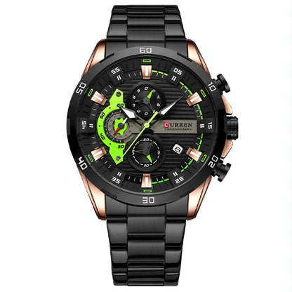 Six-hand Business Quartz Watch with Steel Strap - Calendar - Black Shell Green