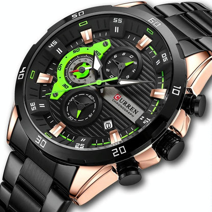 Six-hand Business Quartz Watch with Steel Strap - Calendar - Black Shell Green