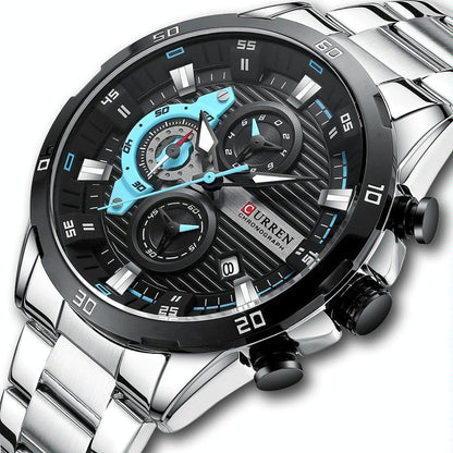 Six-hand Business Quartz Watch with Steel Strap - Calendar - Black Shell Green