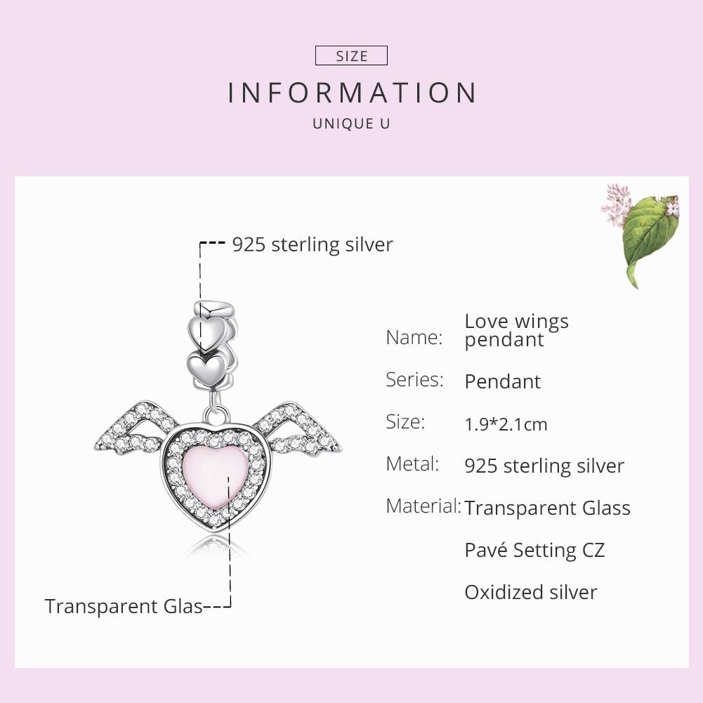 925 Sterling Silver Heart Wing Pendant For Diy Bracelets & Necklaces