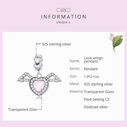925 Sterling Silver Heart Wing Pendant For Diy Bracelets & Necklaces