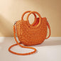 Beige Half Moon Straw Tote Woven Beach Bag - Orange Red